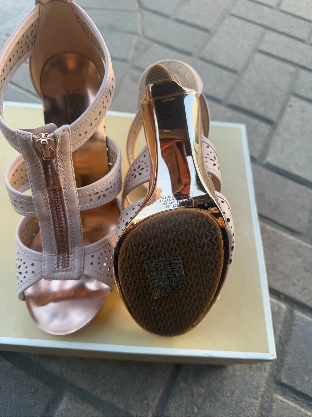 Michael Kors Blush Pink Perforated T-Strap Heels with Rose Gold Heel - Picture 3 of 10